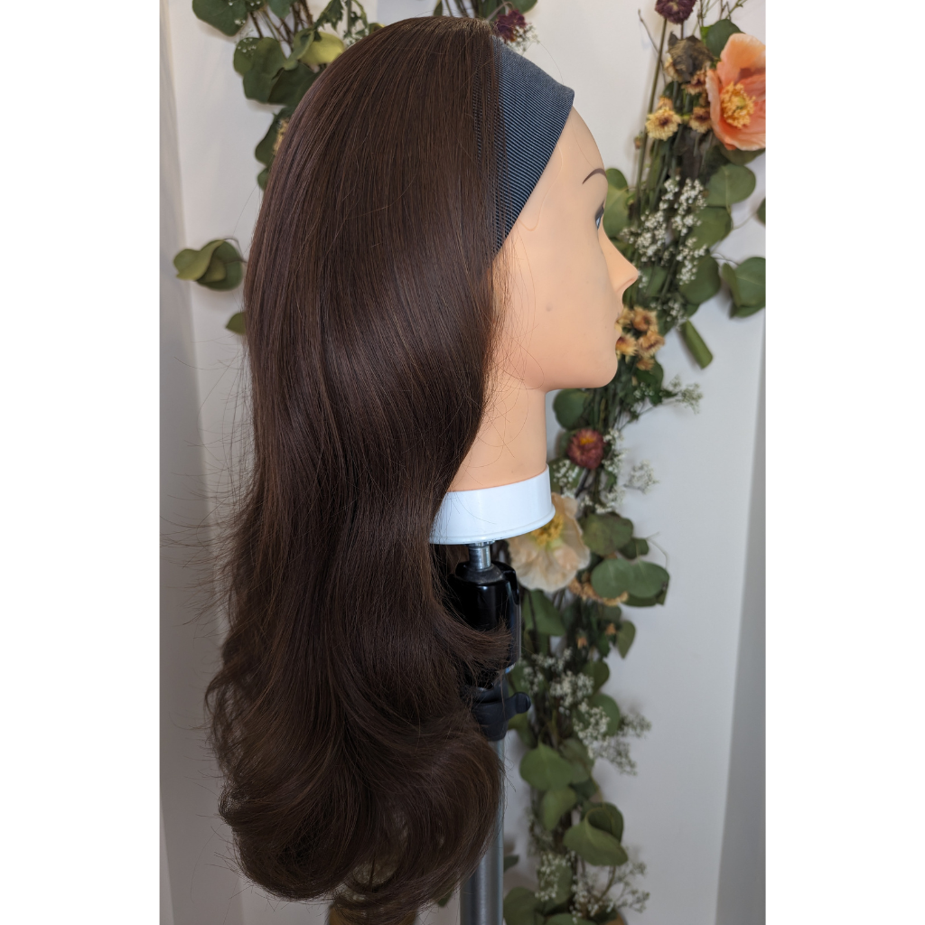 Headband wig luxury synthetic medium brown side.2