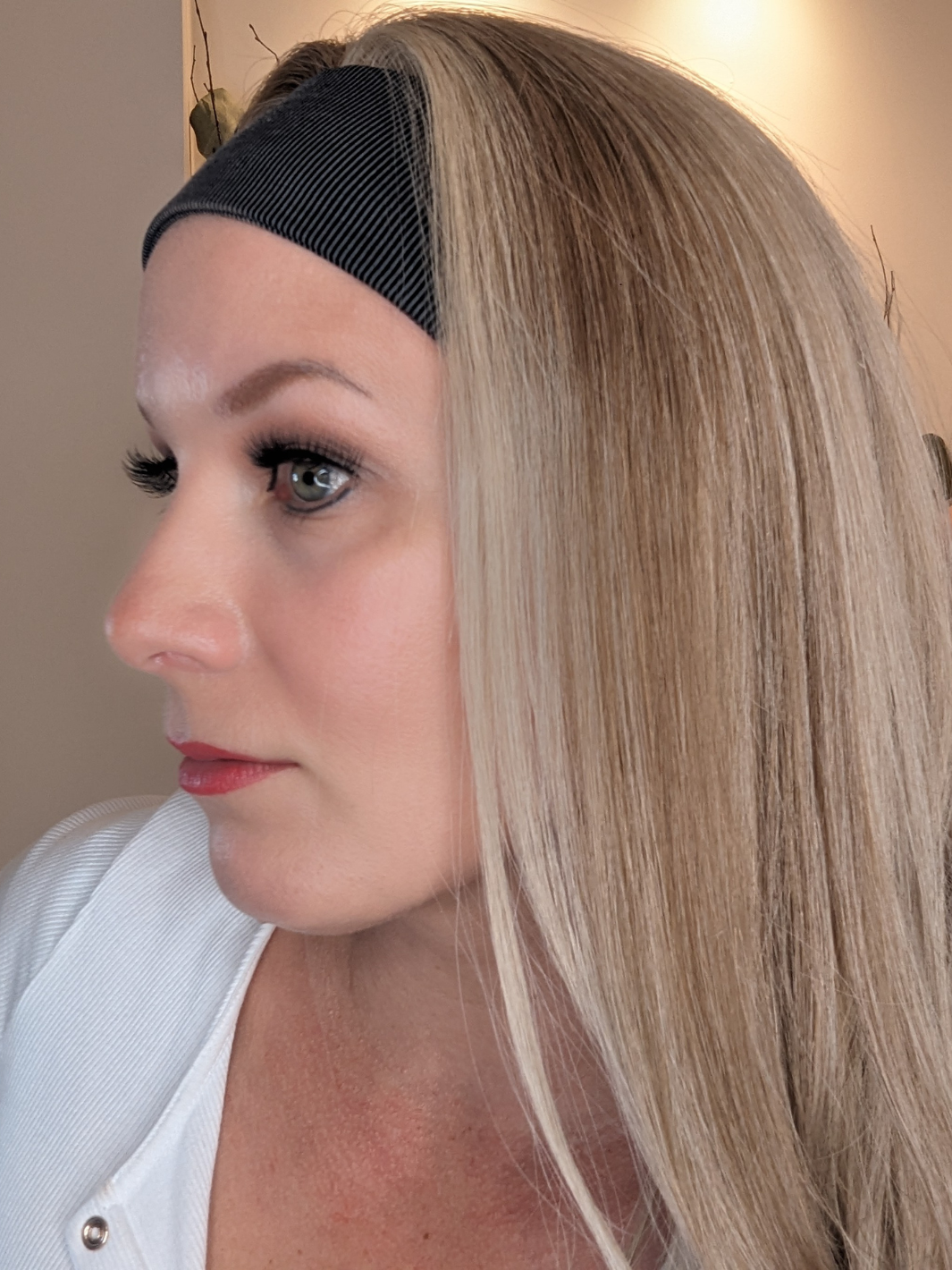 headband wig human hair blonde close up