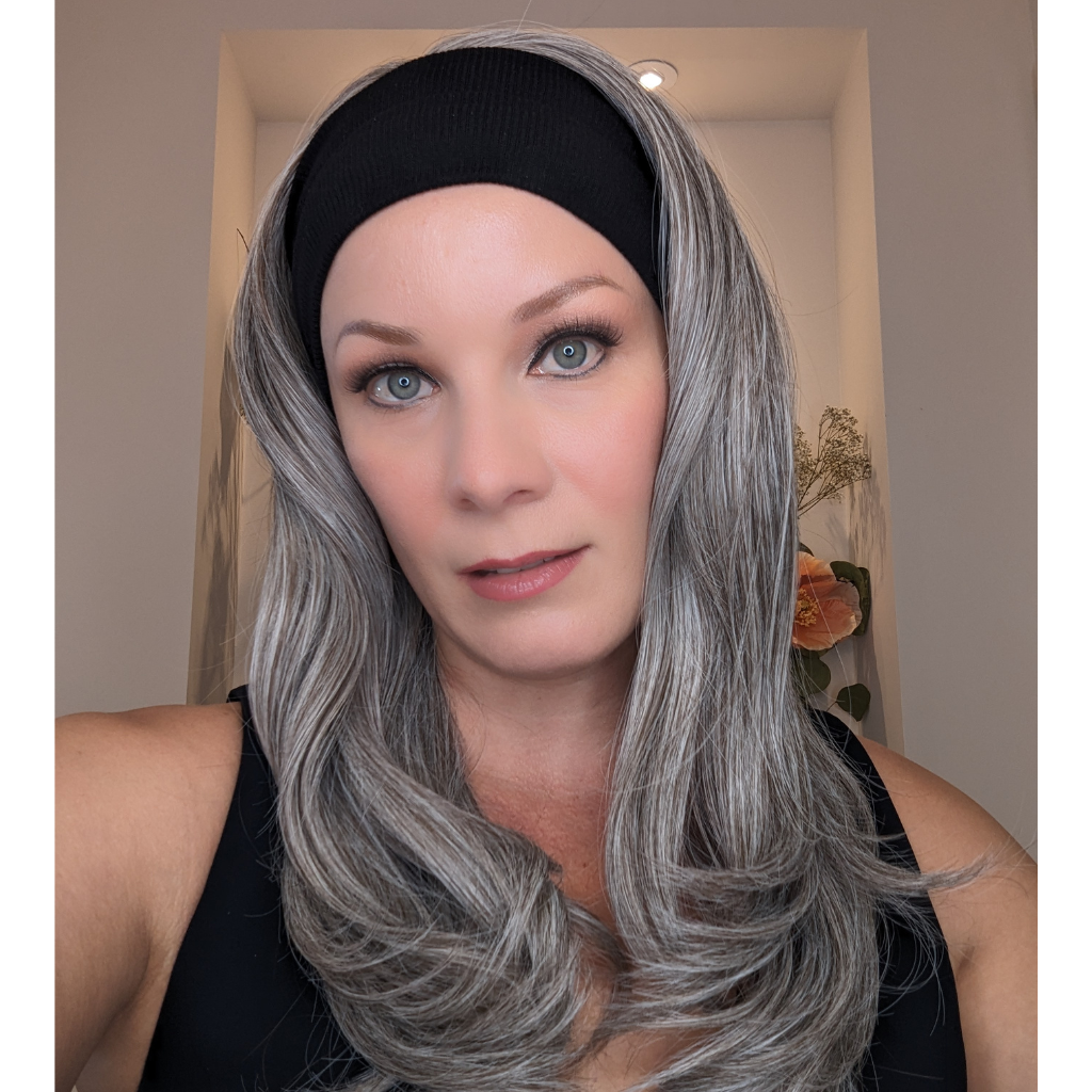 headband wig luxury synthetic light grey closeup front