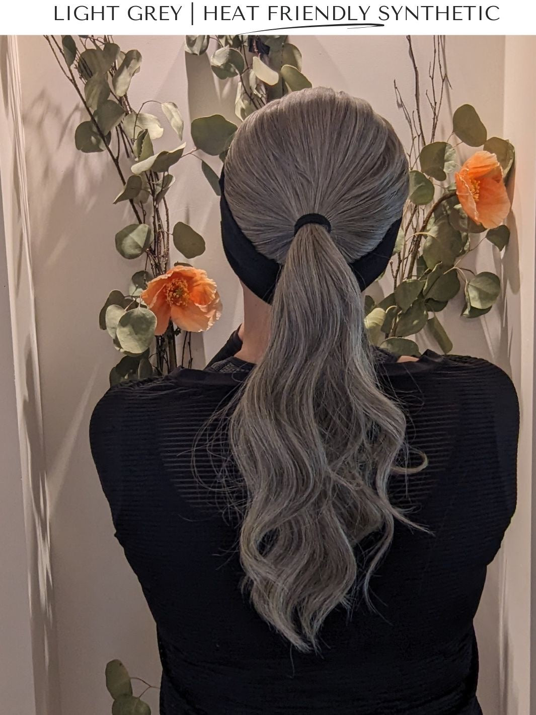 light grey headband wig ponytail back natural light