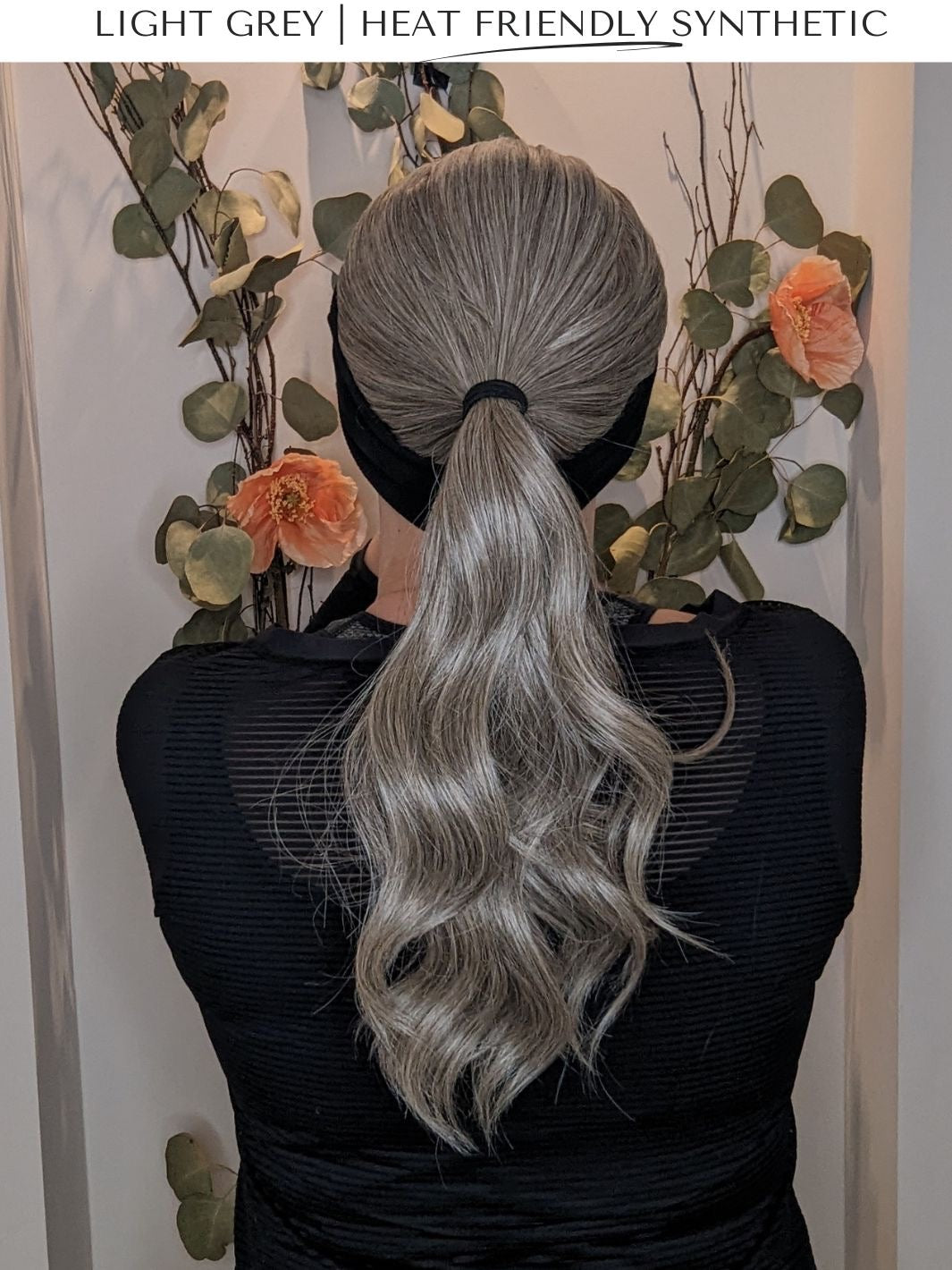 light grey headband wig ponytail bright light