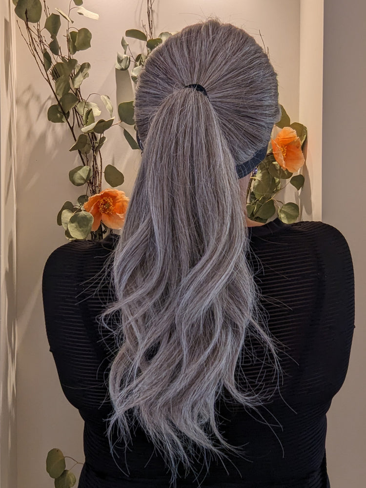 headband wig human hair light grey ponytail back